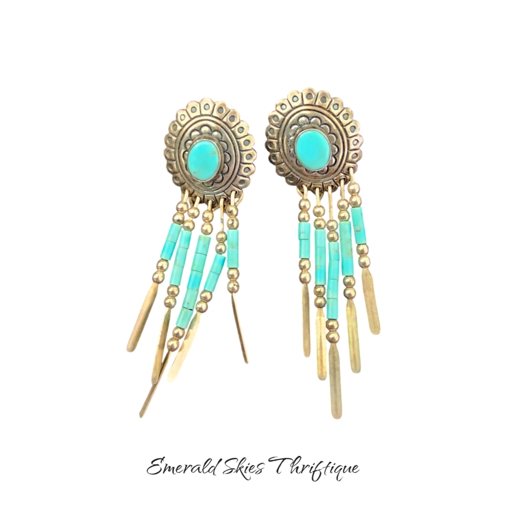 QT Sterling Silver 925 Southwest Green Turquoise Oval Dangle Post Earrings